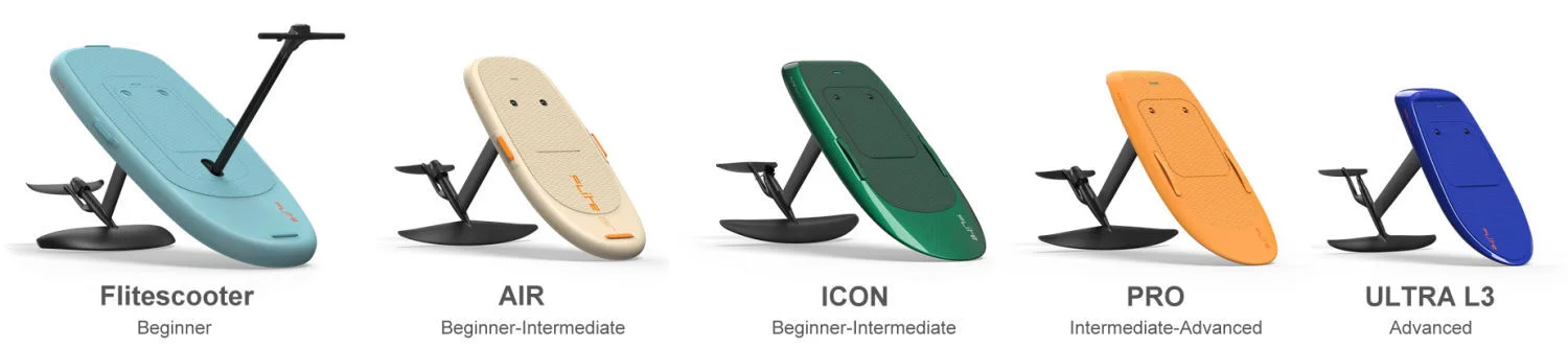 La gamme Fliteboard, avec le Flitescooter débutant, les AIR et ICON, et les modèles avancés PRO et ULTRA L3.